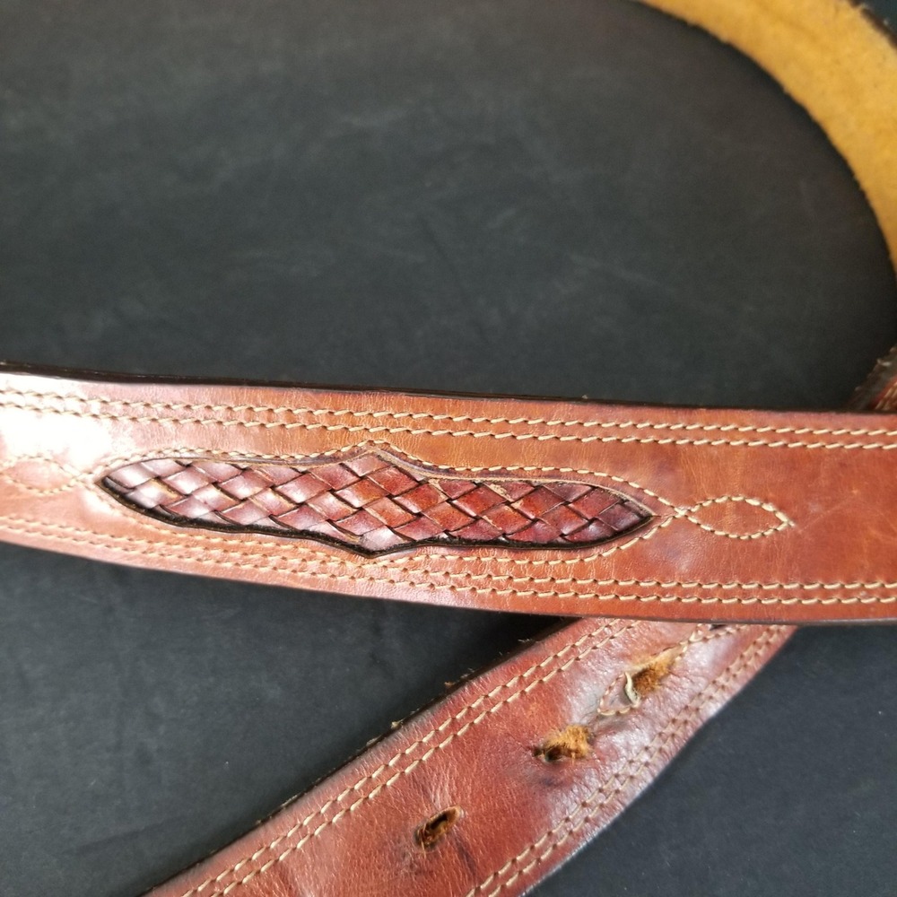 Vintage Brown Leather Basketweave Inlay Western Belt Snap Closure 46.5 Inch - Picture 3 of 8